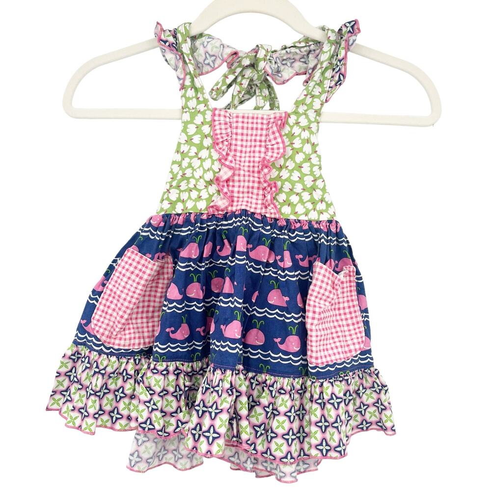 Olive Mae‎ Toddler Girls Whale Gingham Mixed Print Tiered Halter Dress Size 2T
